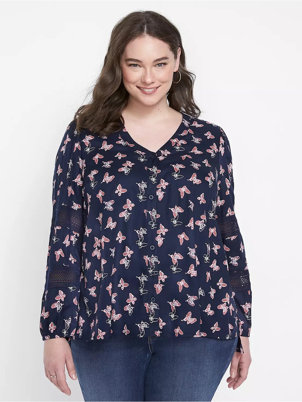 Plus Size 22 24 No-Peek Button-Front Lace Trimmed Top Butterfly Print Blue New